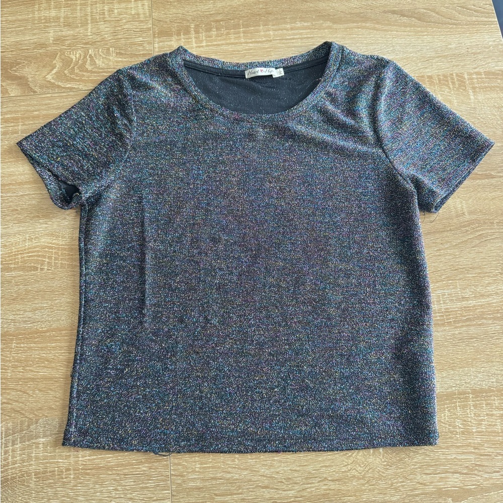 Heart Hips Black Multicolor Glitter Short Sleeve Top